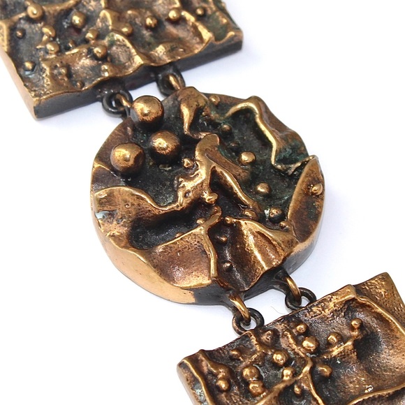 Vintage Brutalist Bronze Pendant Necklace Long Triple Panel Abstract Modernist - Picture 7 of 11